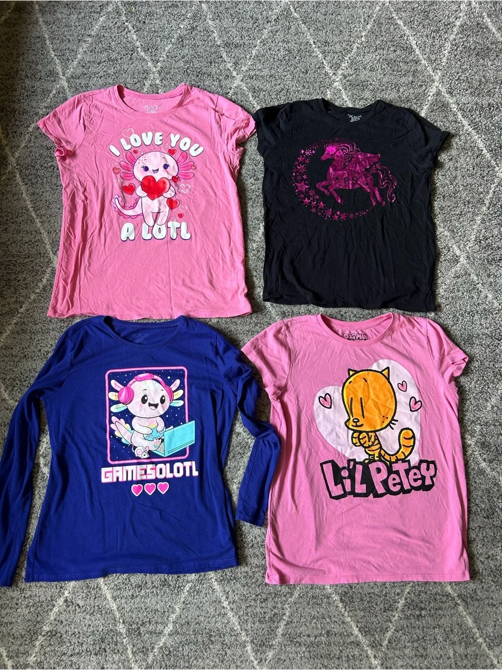 The Children's Place lot of 4 Girls Graphic Tees DogMan Axolotl Unicorn Sz 14